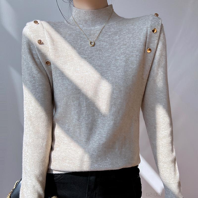 Pull Tricoté Élégant Mode Col Mi-Haut Uni Femmes Automne Décontracté Coupe Slim Manches Longues Pulls Femmes Tops Hiver Chaud Maille de Base 24880