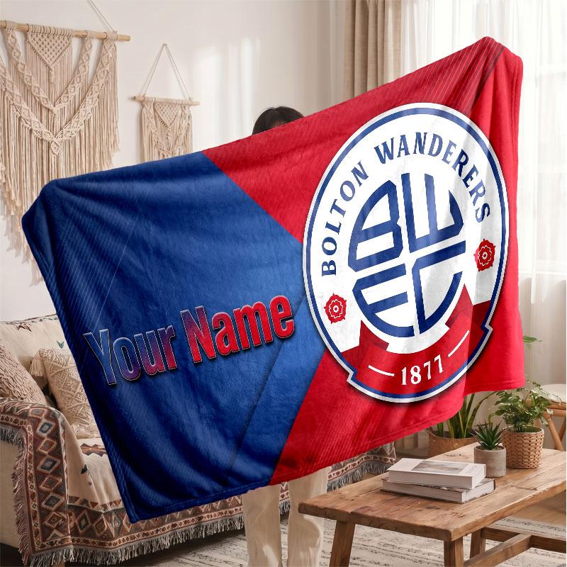 Bolton Wanderers FC Personalized Fleece Blanket With Football Logo, Custom Name Text Soft Warm Home Throw Blanket