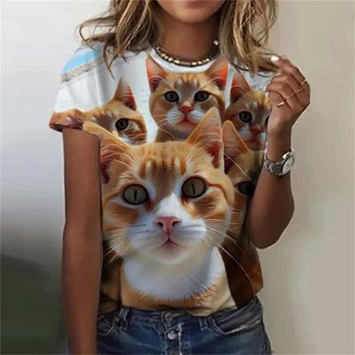 Fashion Women's T-shirt 3D Printed Kawaii Cat Pattern Short Sleeved Round Neck Top Summer Outdoor Casual Street Simple Clothing 4128 KTB