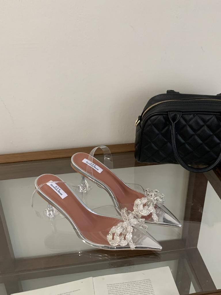 2025 Rhinestone Bow Transparent Crystal Root High Heel Sandals Fairy Bag Head Female Shoes Spot 35-40
