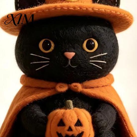 Decorative Wooden Fall Party Supplies Halloween Witch Statue, Retro Felt Style Black Cat Ghost Small Standing Wood Statues Bat Figures for Shelf Desk,