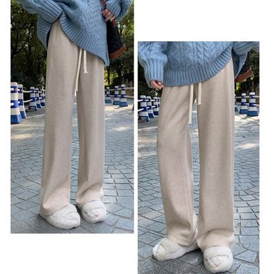 Autumn Winter Women Thickened Wide-leg Pants Fashion Casual High-waisted Drawstring Long Pants Plus Size Solid Color Straight Trousers 2345