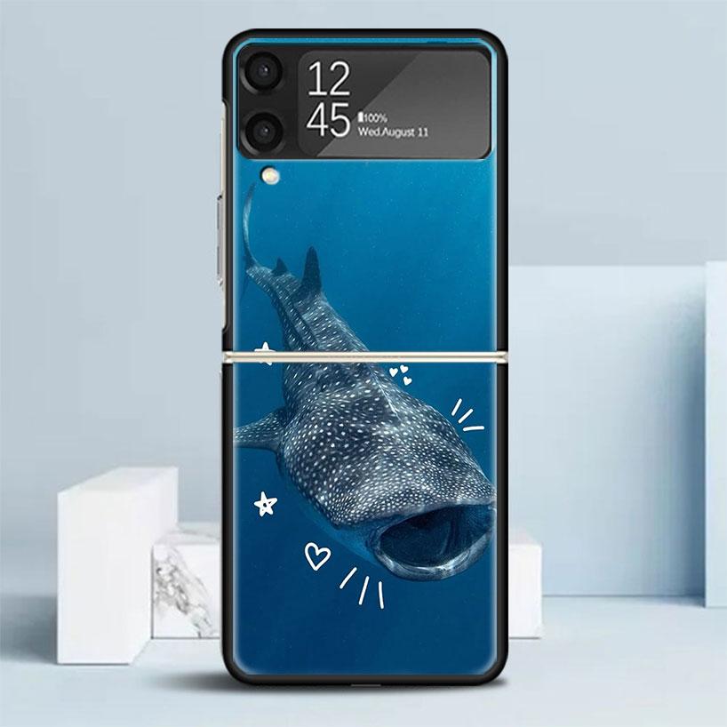 Ocean Whale Shark Black Cover for Samsung Galaxy Z Flip 7 6 5 4 3 5G Phone Case Flip7 Flip6 Flip5 Flip4 Flip3 Pattern Case Galax