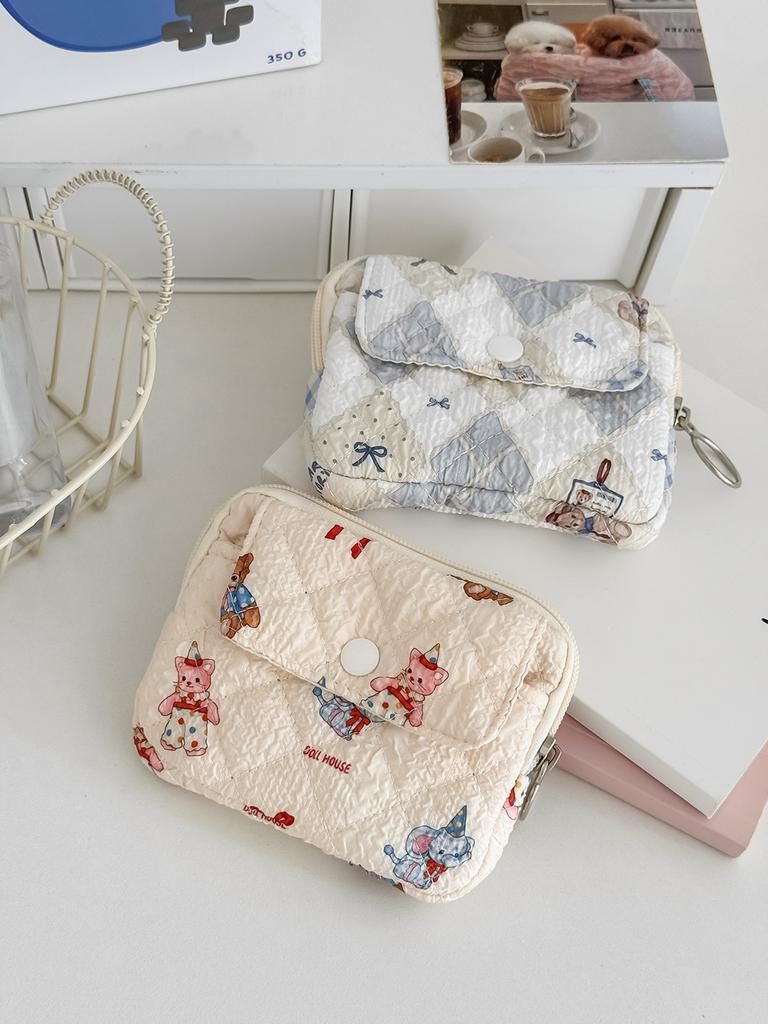 Cute Cartoon Bowknot Print Women's Zipper Change Bags Quilted Plaid Ladies Portable Clutch Storage Bag Female Multi Pocket Purse