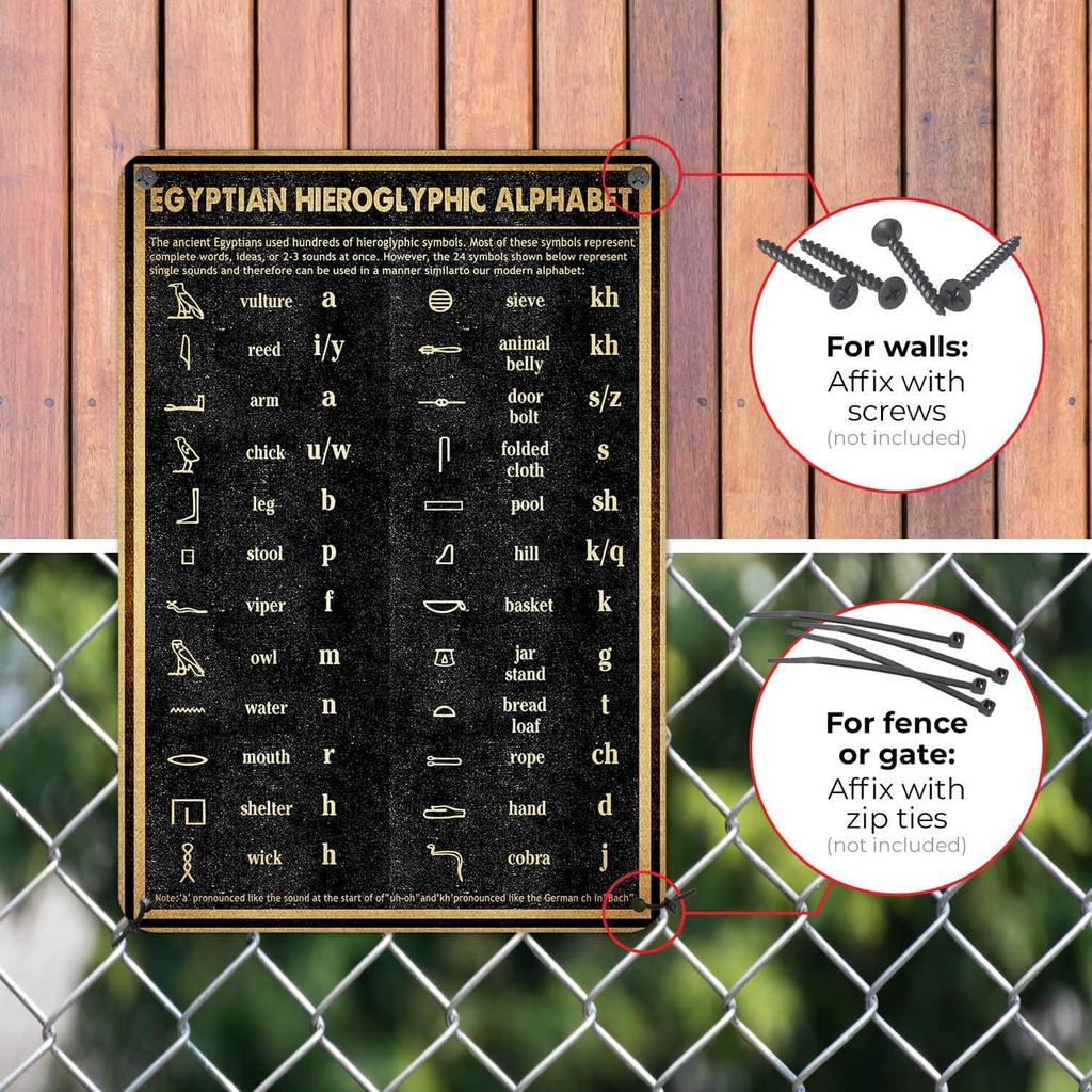 Egyptian Hieroglyphic Alphabet Knowledge Metal Signs Poster, Vintage Decorations Wall Art Decor 8x12 Inches