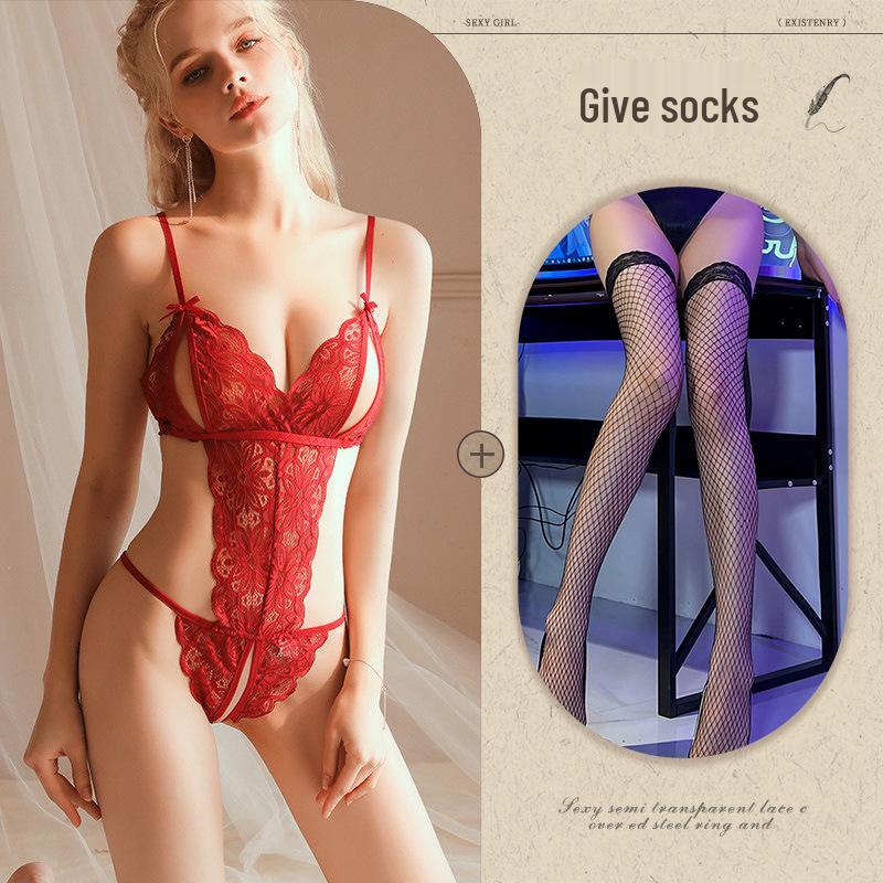 Midnight Whisper: Women's Sexy Lace Lingerie Bodysuit Set with Alluring Hollowed Design