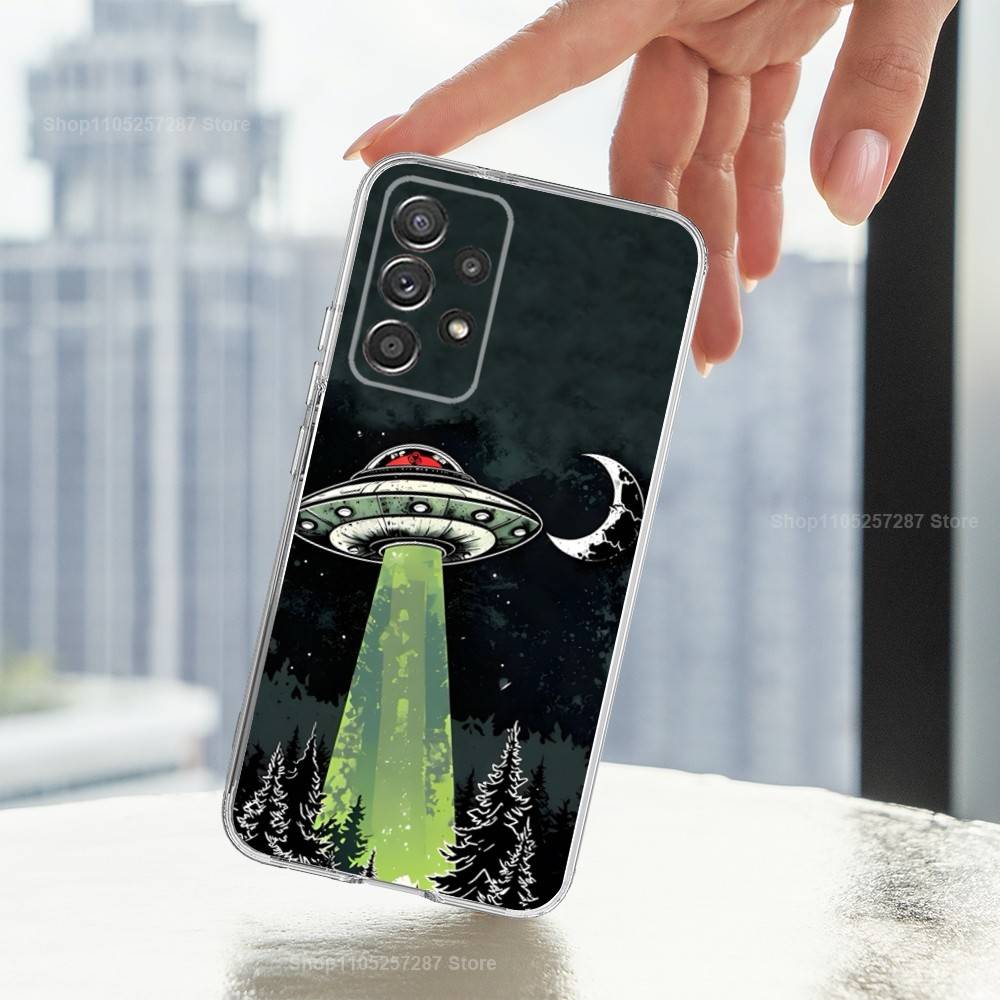 Singular Space UFO Alien Phone Case For Samsung A51,71,30,S21,10,20,Ultra,FE,Lite, S22,23,9,PIus,Transparent, Silicone