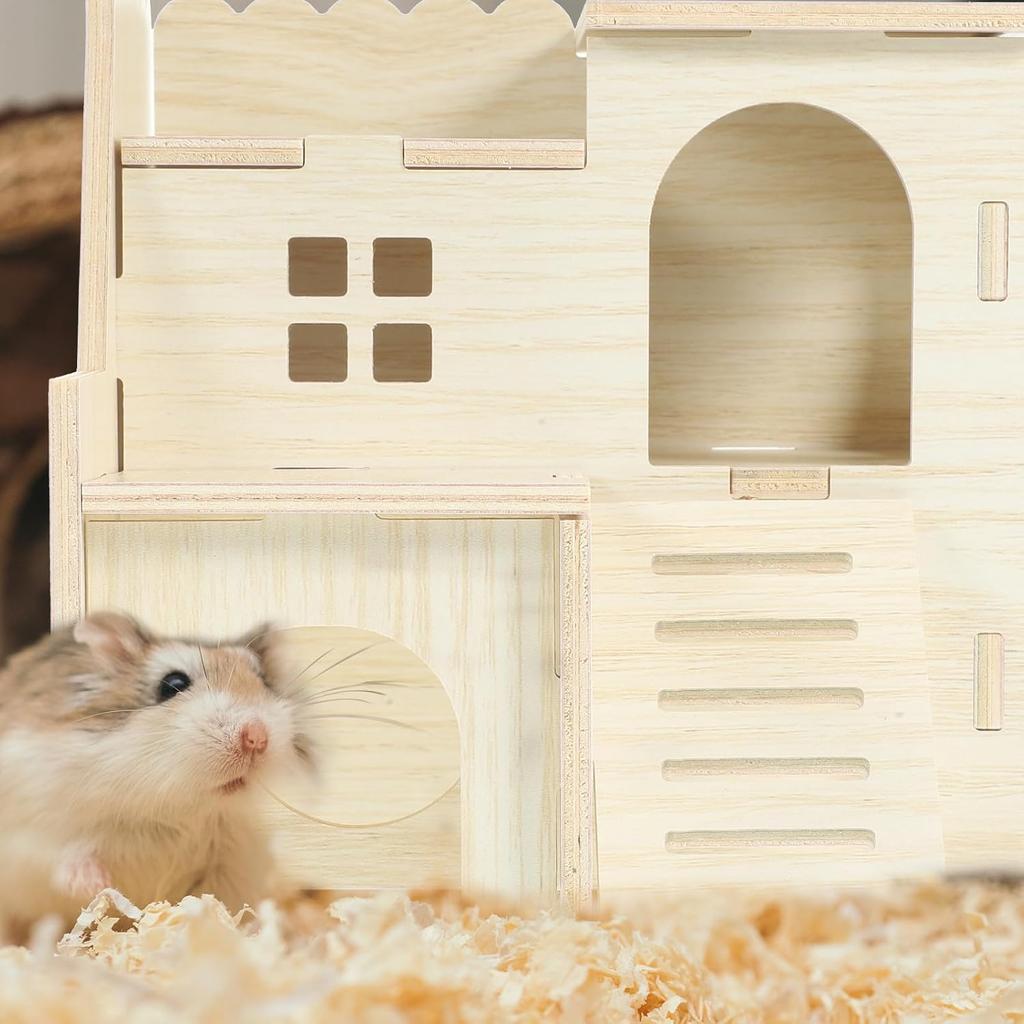 LOGOFUN Wooden Hamster Hideout Castle Multi-Chamber Hide Hut with Climbing Ladder for Chinchillas Guinea Pigs Small Pet Cage Accessories - 6 * 5 *