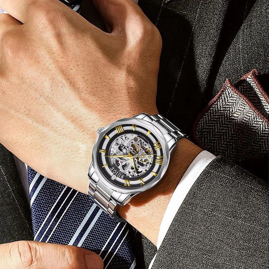 Hollowed Out Men's Fully Automatic Mechanical Watch Stainless Steel Men's Fashionable Waterproof Luminous Trendy Watch