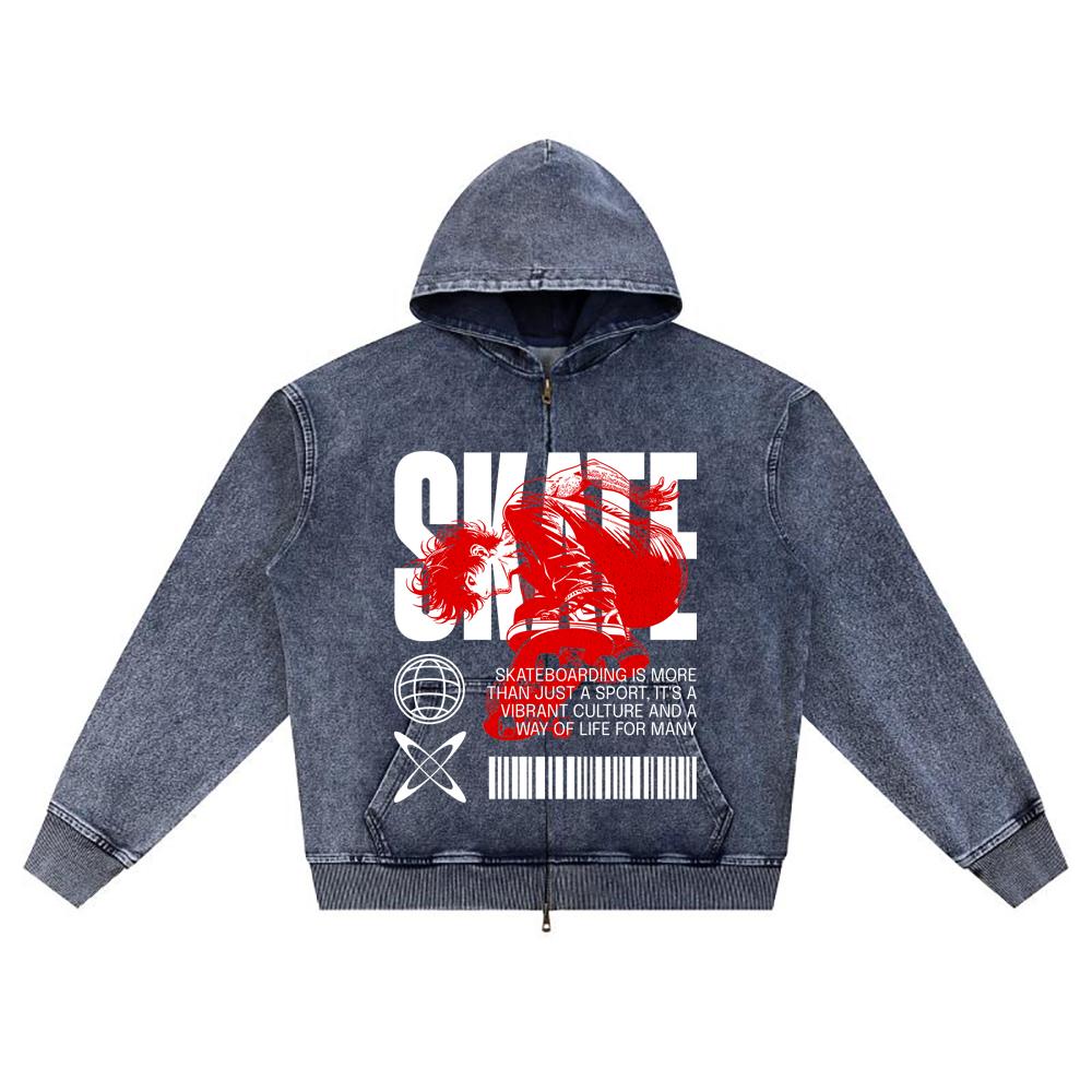 

DTG print Knitted Denim Zip-Up Hoodie Skate Brother Print Zipper Hoodies XL