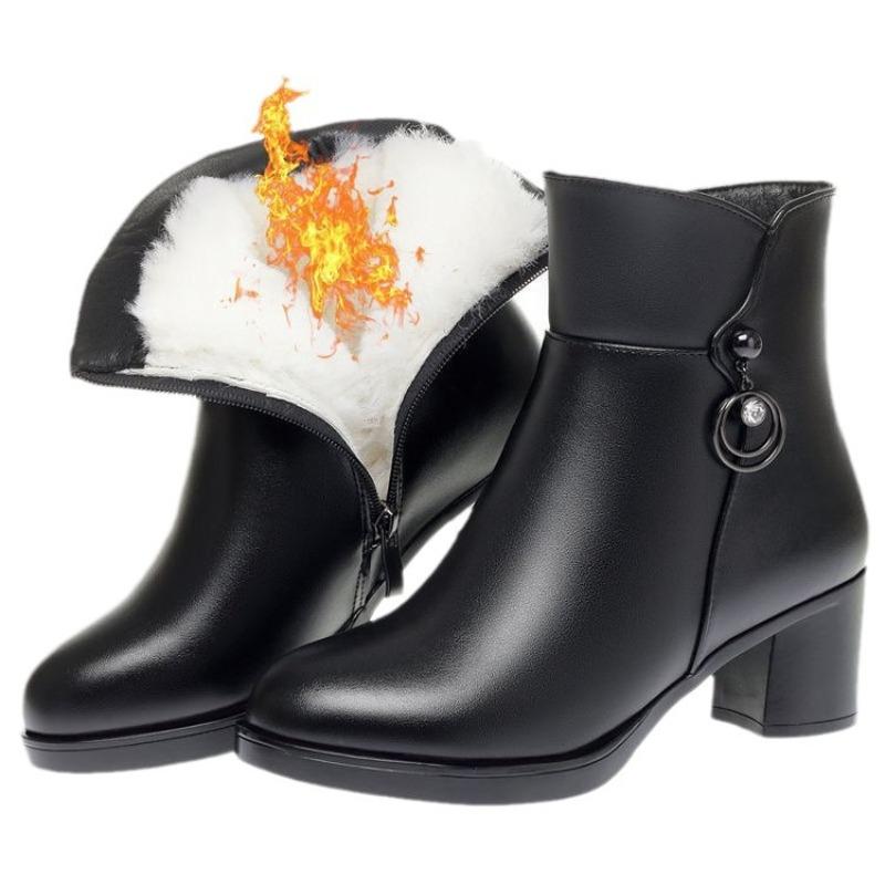 2026Winter Women's Boots Fashion Casual Leather Boots Luxury Pointed Thick Heel Ankle Boots for Women Plush Warm Snow Boot Botas