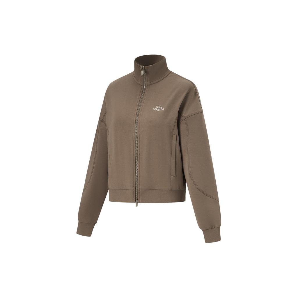Li-Ning Fitness Series Stand Collar Solid Color Zipper Long Sleeve Loose Cardigan Sweatshirt Women Outerwear Mushroom-Brown AWDU764-2