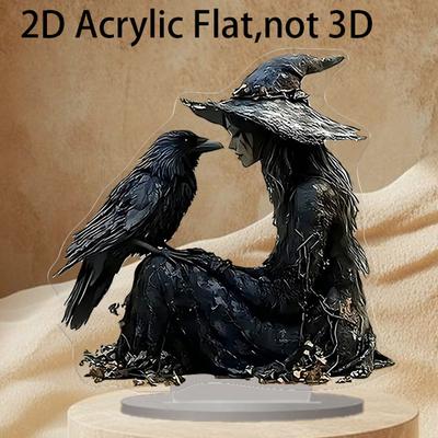 Halloween Decorations Witch with Crow 2D Flat Figurine Acrylic Craft Table Sign Sculpture for Shelf Display Ornament