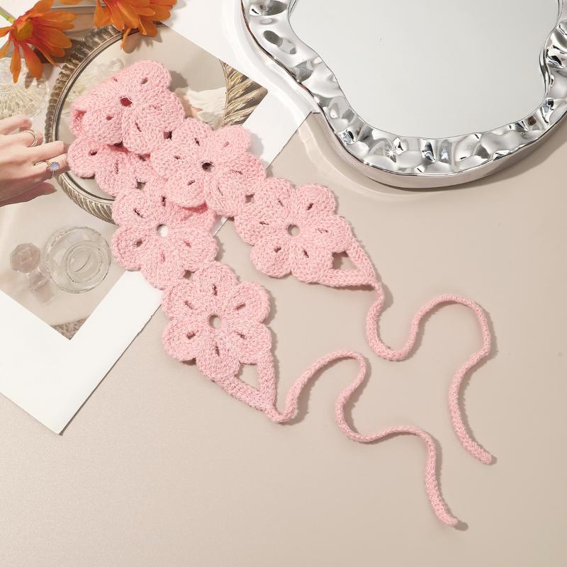 Elegant French Knitted Headband Retro Countryside Style Crochet Flower Hair Band Bohemian Pastoral Women Hair Scarf Children