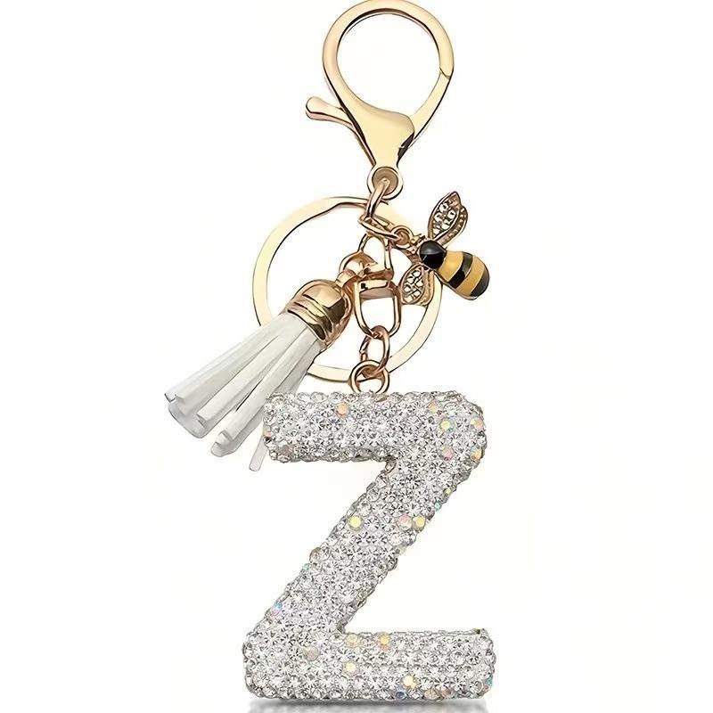 Błyszczący Rhinestone Litera Początkowa A Z Brelok Uroczy Breloczek z Pszczółką Ozdoba z Frędzli Spersonalizowane Prezenty Na Kluczyki Samochodowe Torbę