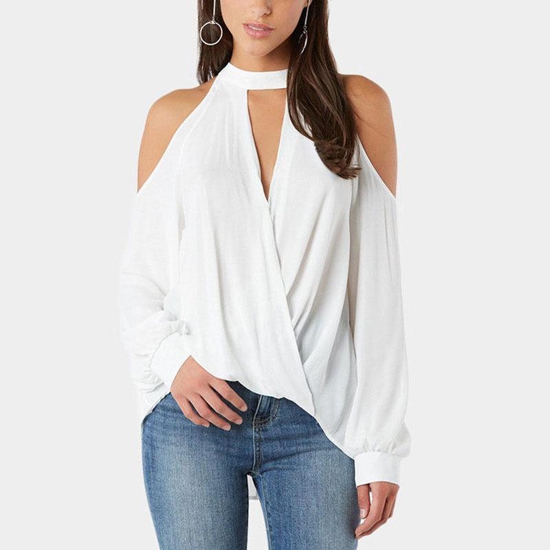 Women Cold Shoulder Chocker V Neck Summer Casual Lace Top T Shirt Blouse With Elegant Design