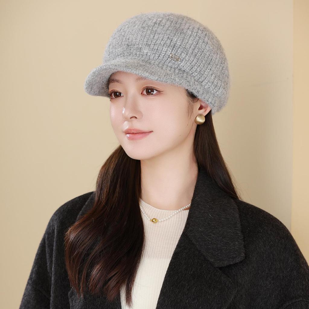 Pălărie de iarnă tricotată pentru femei în vârstă cu bor lat în formă de cioc de rață - Stil bucket cald din catifea pentru bunici