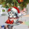 Acrylic Teacup Cat Hanging Ornaments Cute Cartoon Cat Christmas Ornament 2D Flat Car Mirror Charm for Christmas Tree Decoration