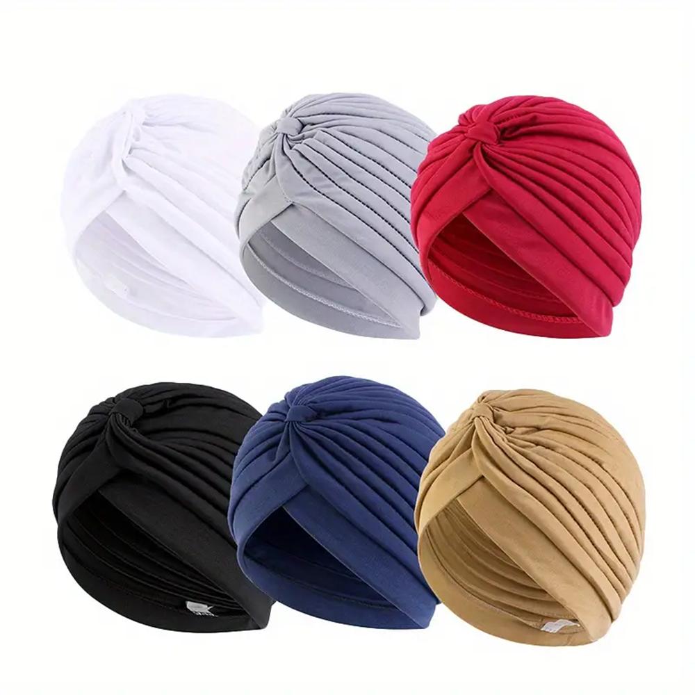 6pcs Soft & Cozy Womens Pleated Turban Caps - Elastic, Comfortable, Unscented Headwraps for Chemo, Solid Colors, Variety Pack Fo