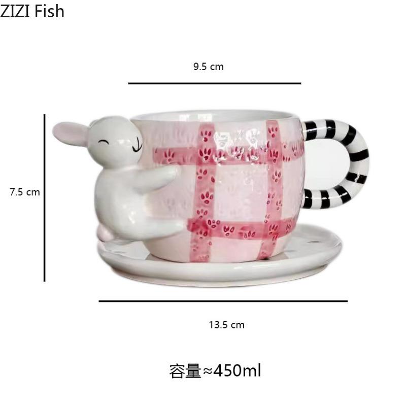 BR450ml Ceramic Hand-painted Coffee Cup Set Japanese Cute Hug Rabbit Three-dimensional Cup with Dish Children's Beverage Water CupEY