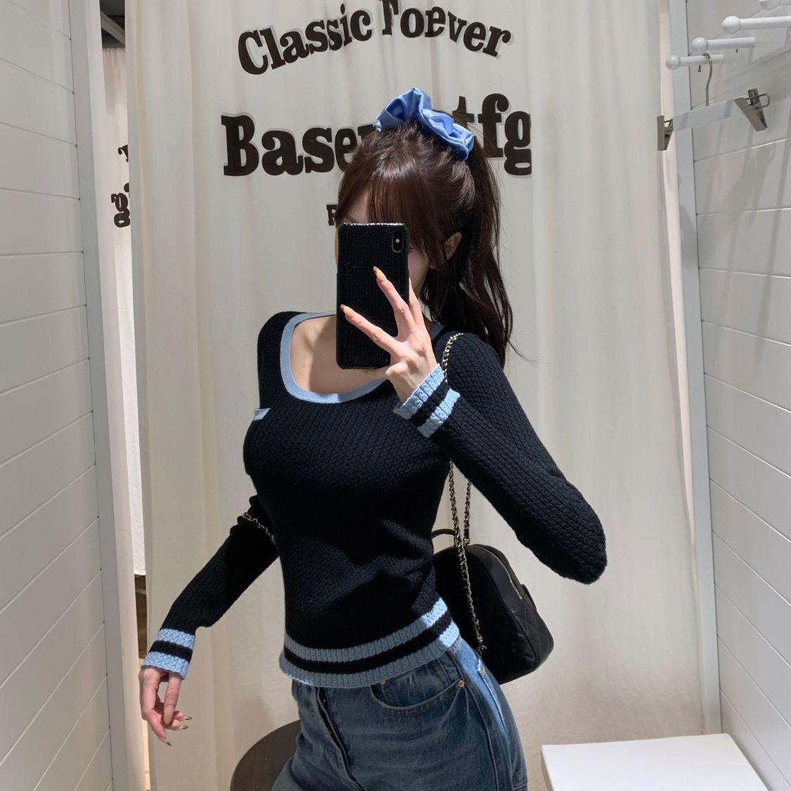 

Мягкий текстурированный трикотажный пуловер с цветными блоками и круглым вырезом - Женский повседневный облегающий топ One Size чёрный