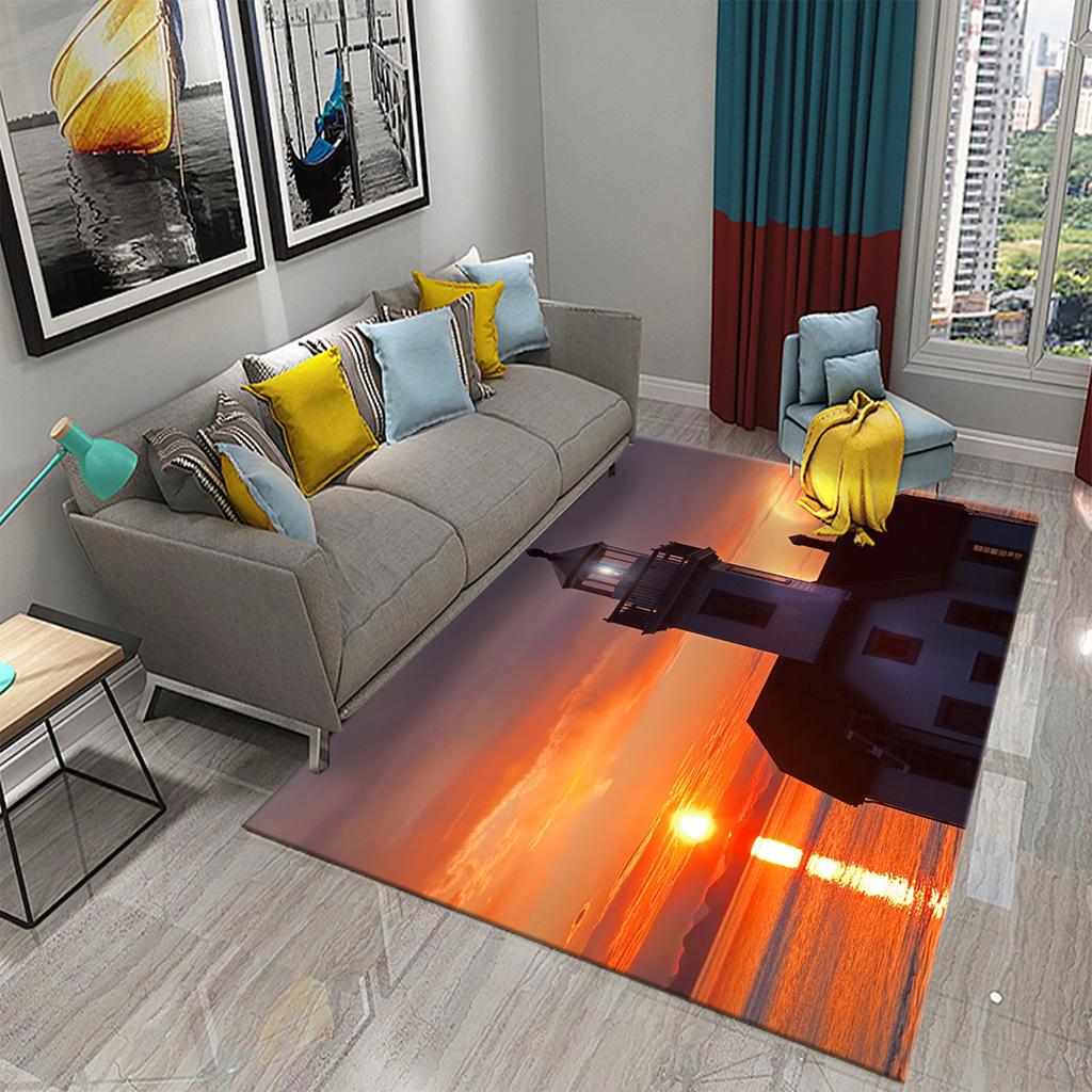 Bathroom Kitchen Entrance Non-slip Living Room Bedroom Floor Rug Lighthouse Rug Sunset Beach Theme Rug