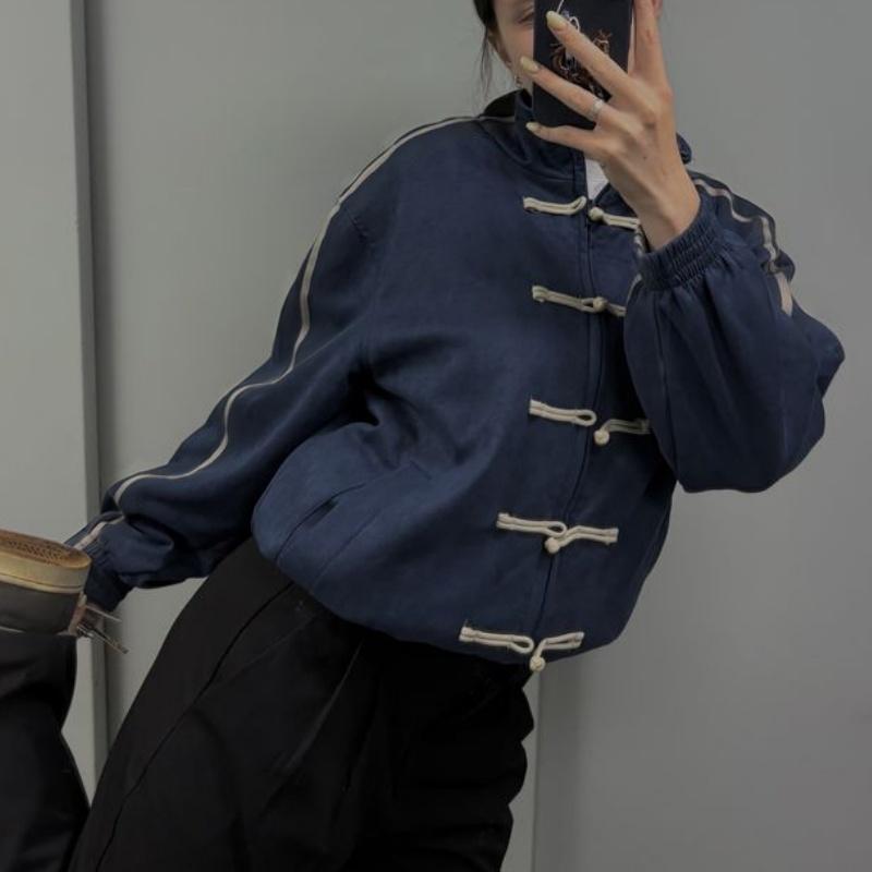 Damska Chińska Kurtka na Guziki Żabki Y2k Vintage Bluza Rozpinana z Zamkiem Stójka Kurtka Bomberka Preppy Streetwear