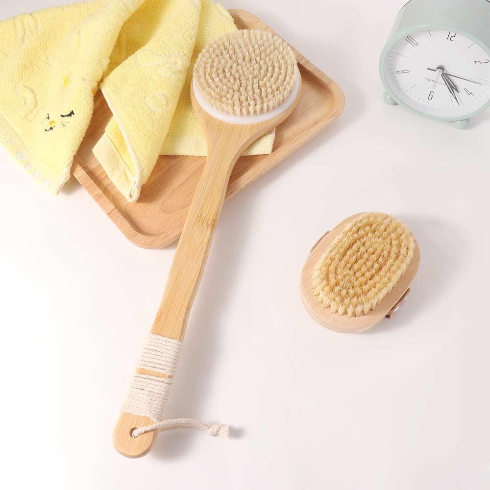 Anti-slip Bamboo Bath Brush Soft Hair Scrubbing Brush Daily Use Swine Bristle Bath Brush  Home