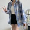 Women Summer Long Loose Shirt Falling Shoulder Long Sleeve Lapel Plaid Shirt