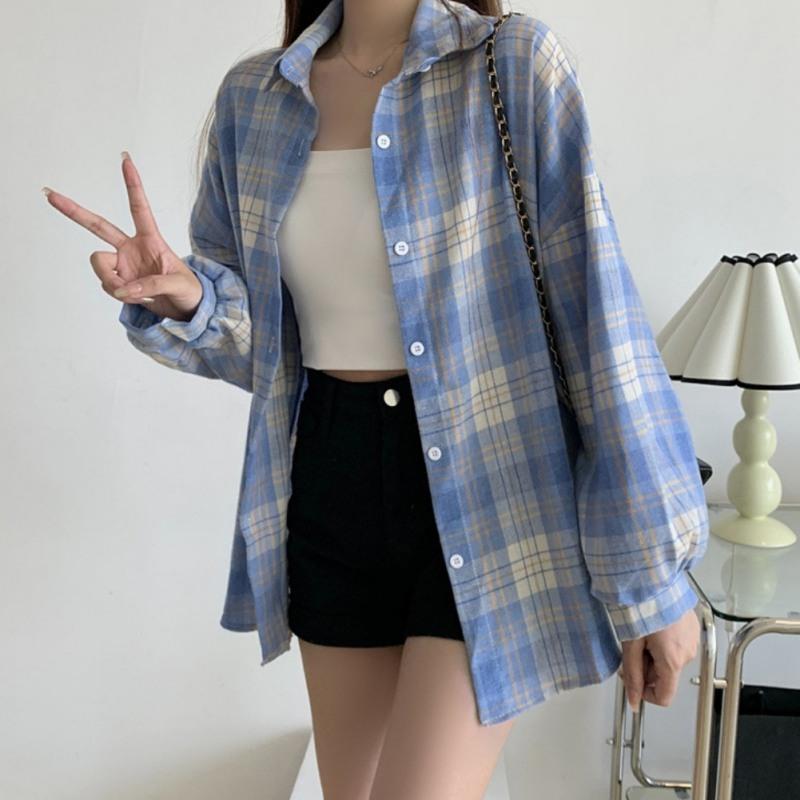 Women Summer Long Loose Shirt Falling Shoulder Long Sleeve Lapel Plaid Shirt