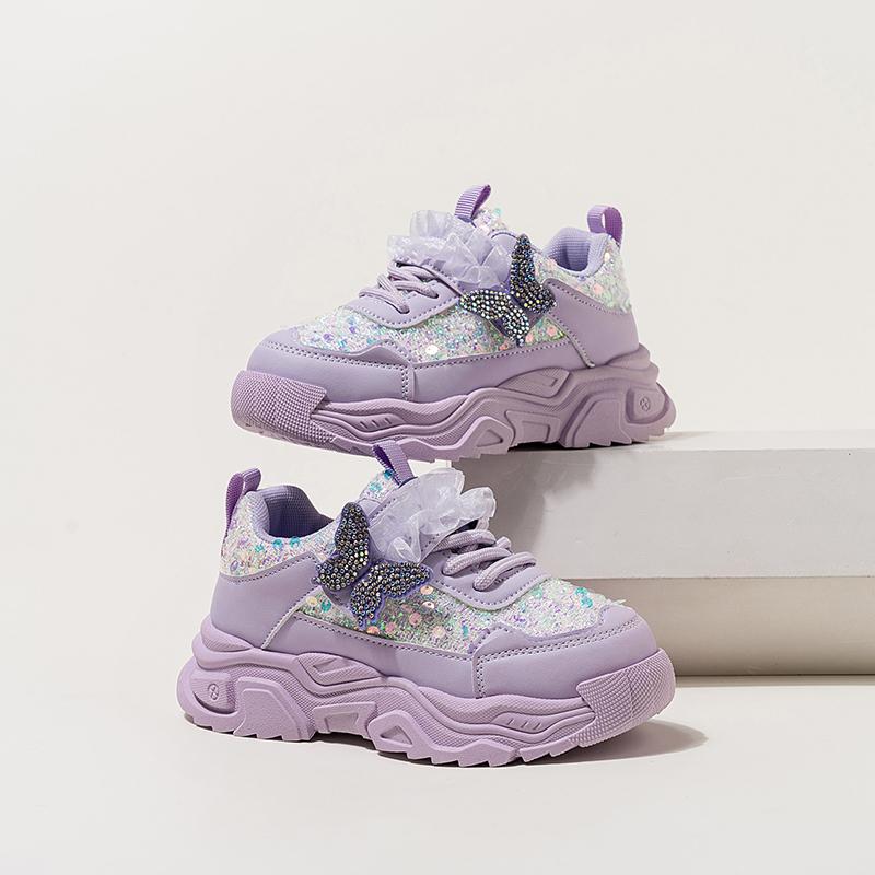 Fashion New Girls' Sports Shoes Anti Slip Soft Sole Sequin Shinny Butterfly Cute Tennis Running Shoes Princess Shoes for Baby Girls