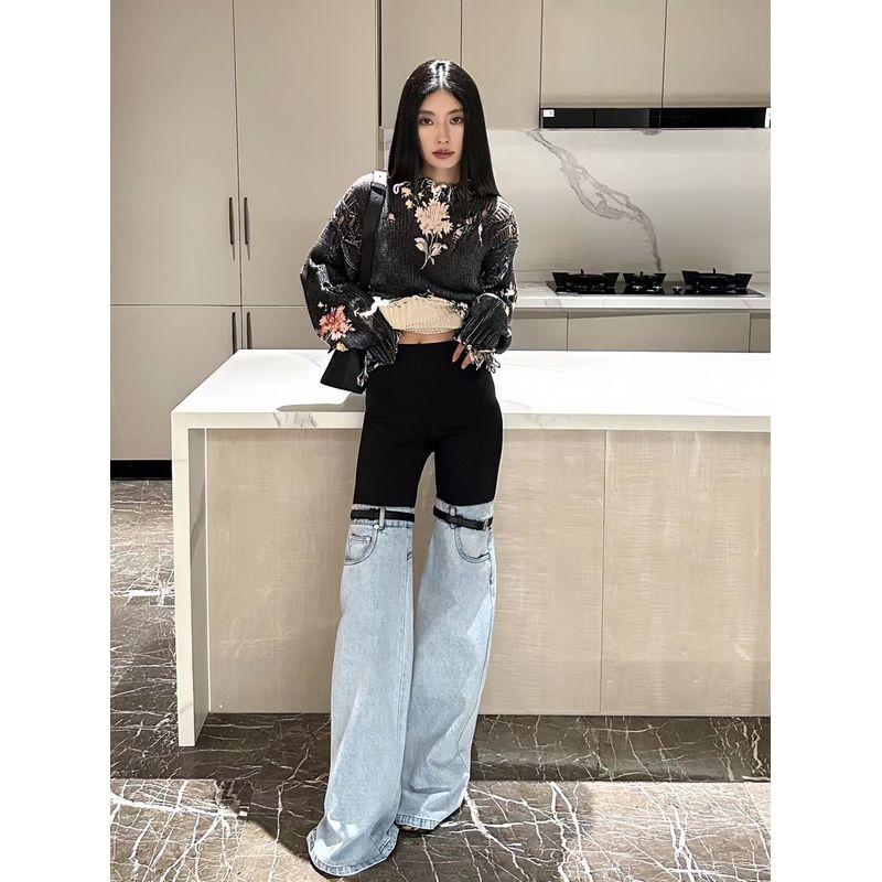 

Fancy American Style Patchwork Denim 2025 Women s New Arrival High Waist Straight Wide Leg Niche Style Unique Chic Pants Patchwork Denim XL