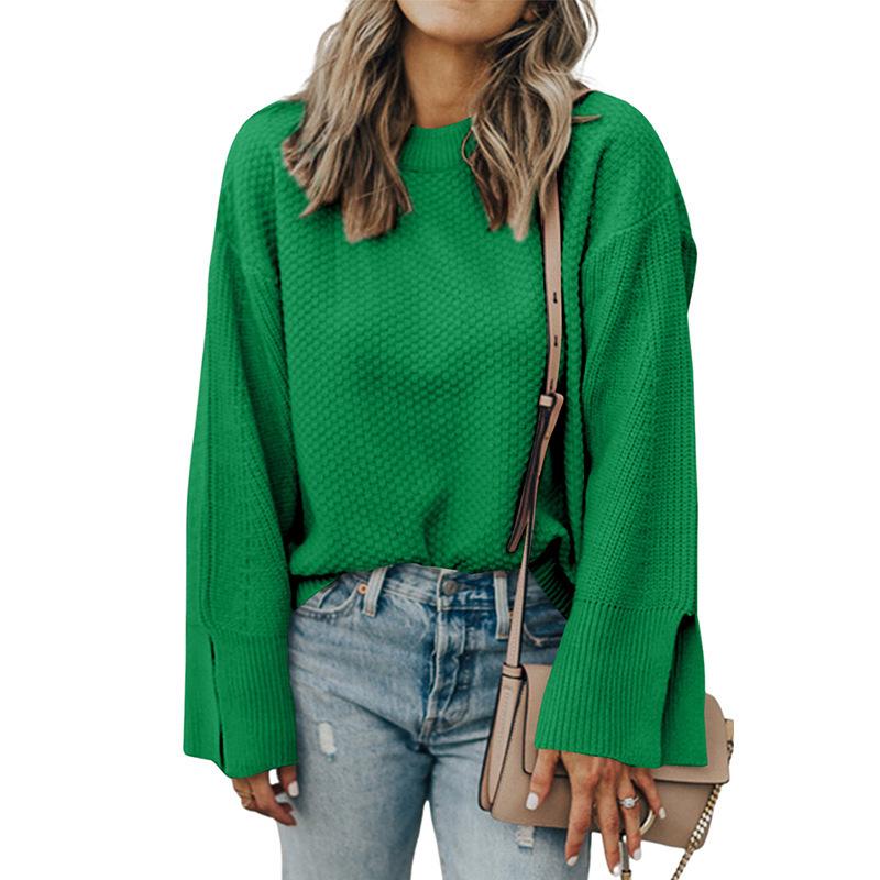 Women's 2025 Autumn Solid Color Pullover Round Neck Long Sleeve Sweater - Versatile European American Fashion