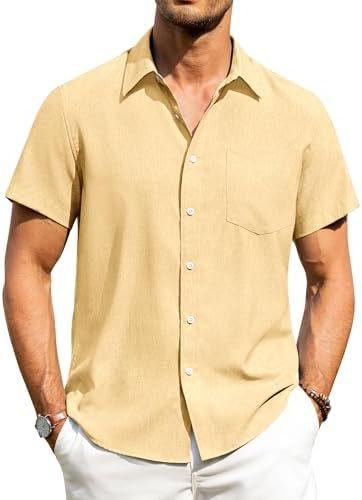 Alimens & Gentle Men's Linen Shirt Short Sleeve Button Up Shirt Wrinkle Free Casual Vacation Beach Summer