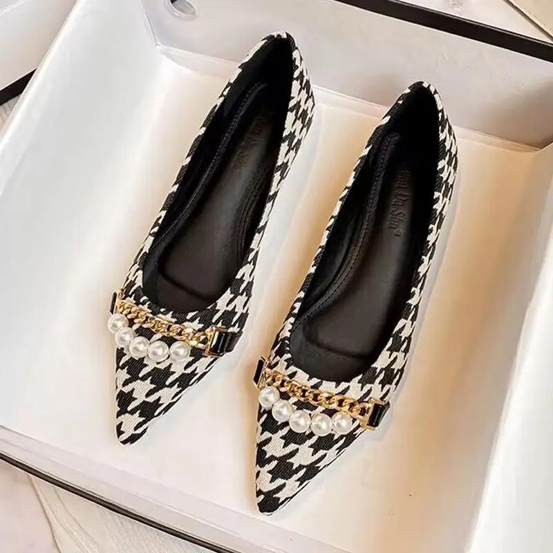 Fashion Office Pearl Chain Gingham Flat Pointed Toe Women's Shoes Ladies Footwear Flats Non Slip Korean Style Y2k Lastest on Spring Sale