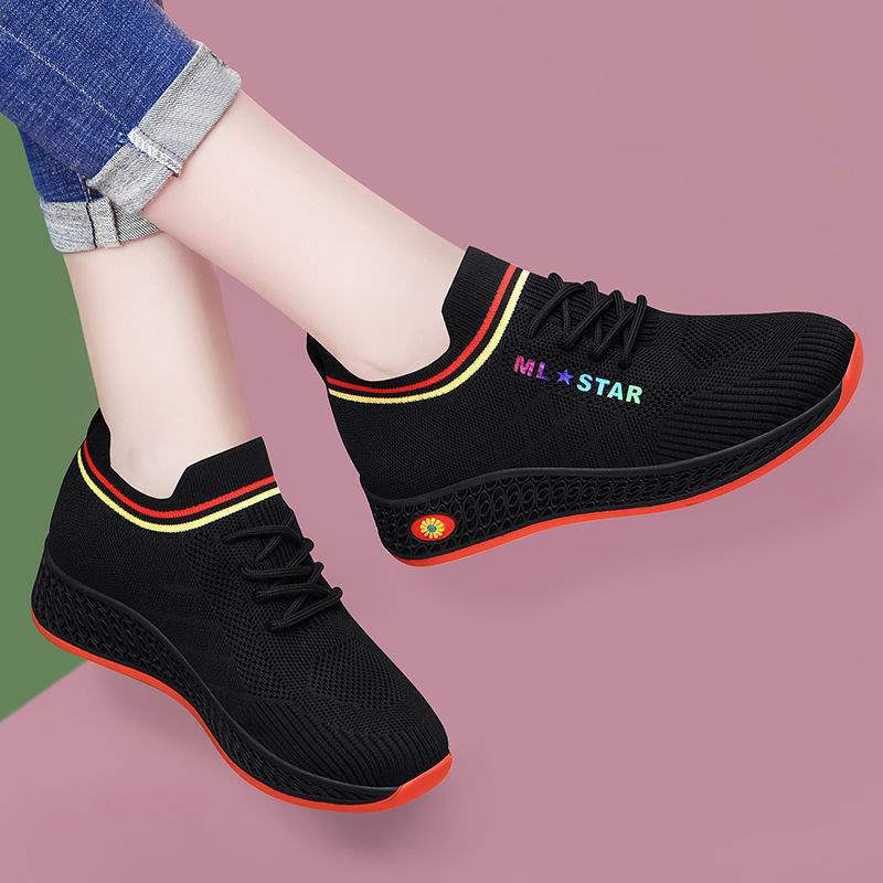Flying woven elastic muffin shoes sports casual shoes flat black low-top sports shoes women's shoes