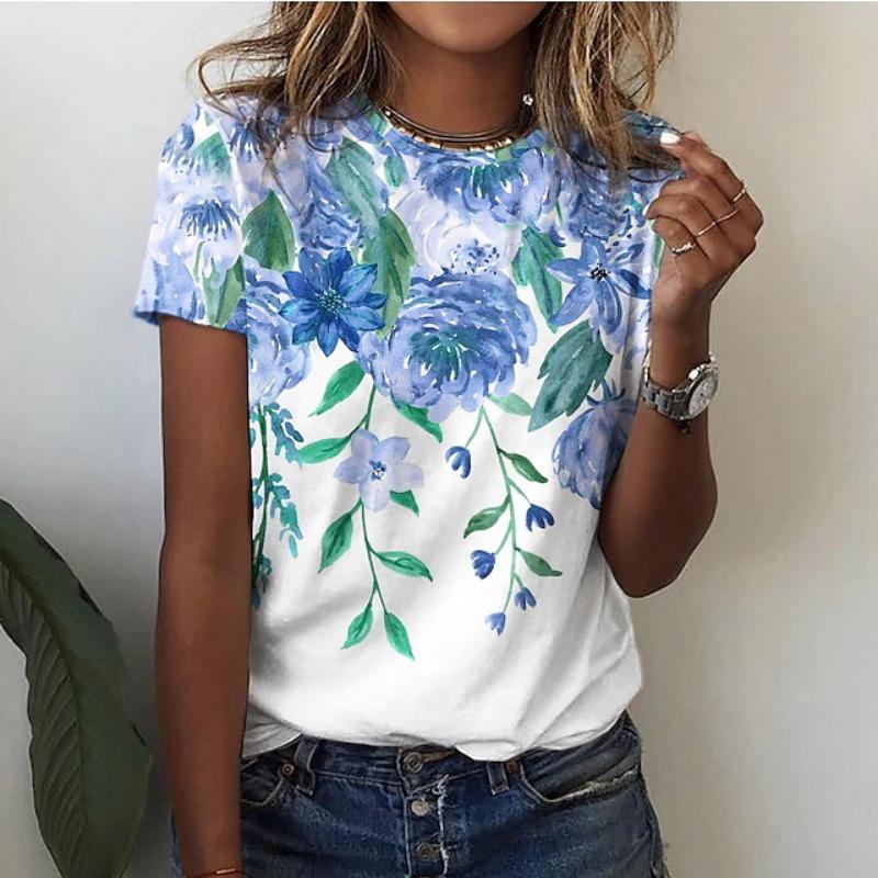 2025 Women's Street Fashion T-shirt Flower 3D Printed Short Sleeve Daily Versatile Casual Loose Round Neck Top Women's Wear
