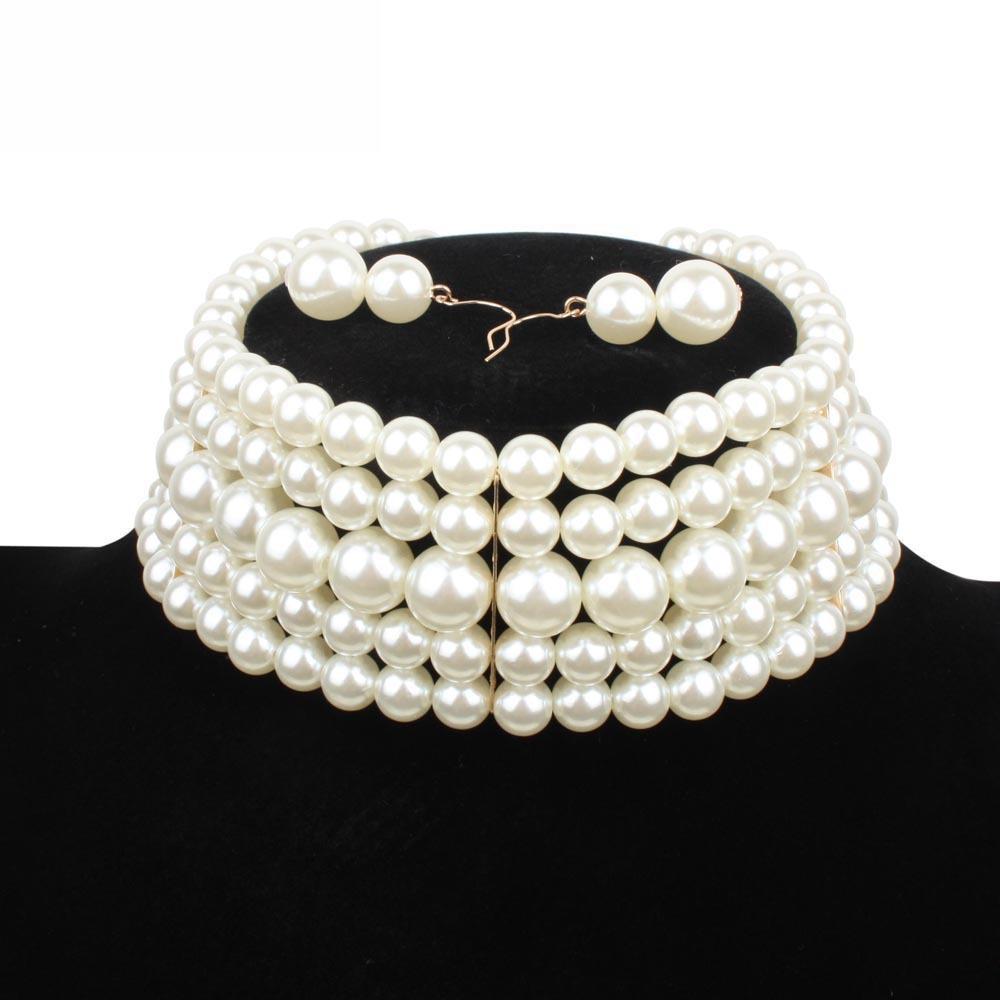 

Hot-selling jewelry necklace fashionable and elegant multi-layer imitation pearl beaded short necklace earrings set women білий