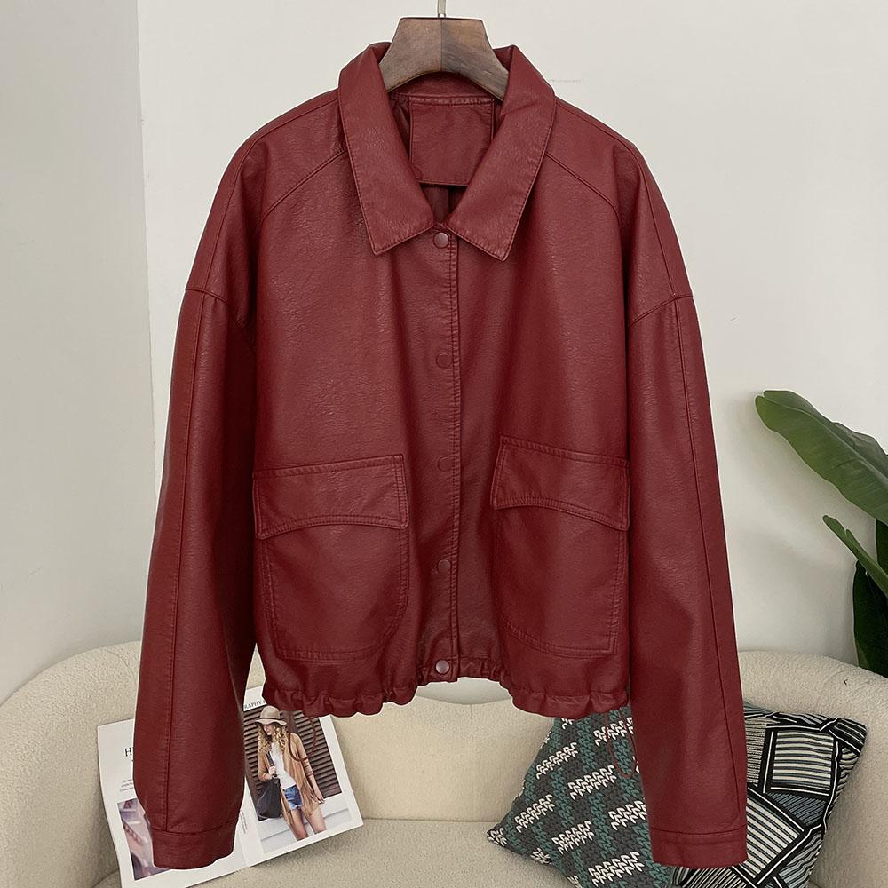 OFTBUY Women Vintage Loose Pu Faux Leather Short Jacket Casual Motorcycle Jacket Female Zipper Retro Moto Biker Coat Outwear Tops