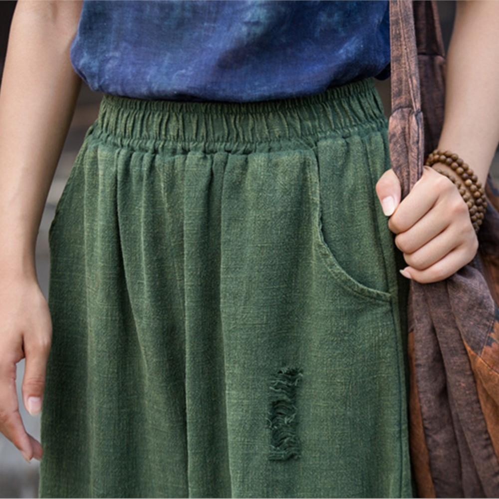Johnature Women Vintage Bloomers Pants Elastic Waist Autumn Trousers Solid Color Loose Hole Long Pants