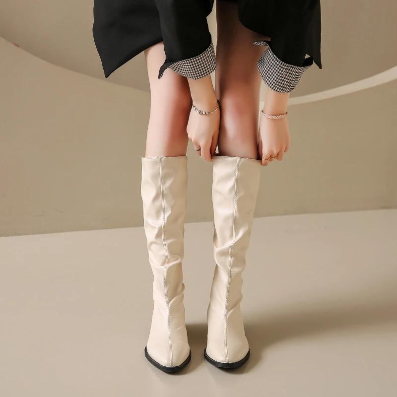 Fashion Shoes Female 2024 Knee-High Women's Boots Classics Modern Boots Women Pleated Sewing Pointed Toe Low Heel Slip on Ladies Shoes