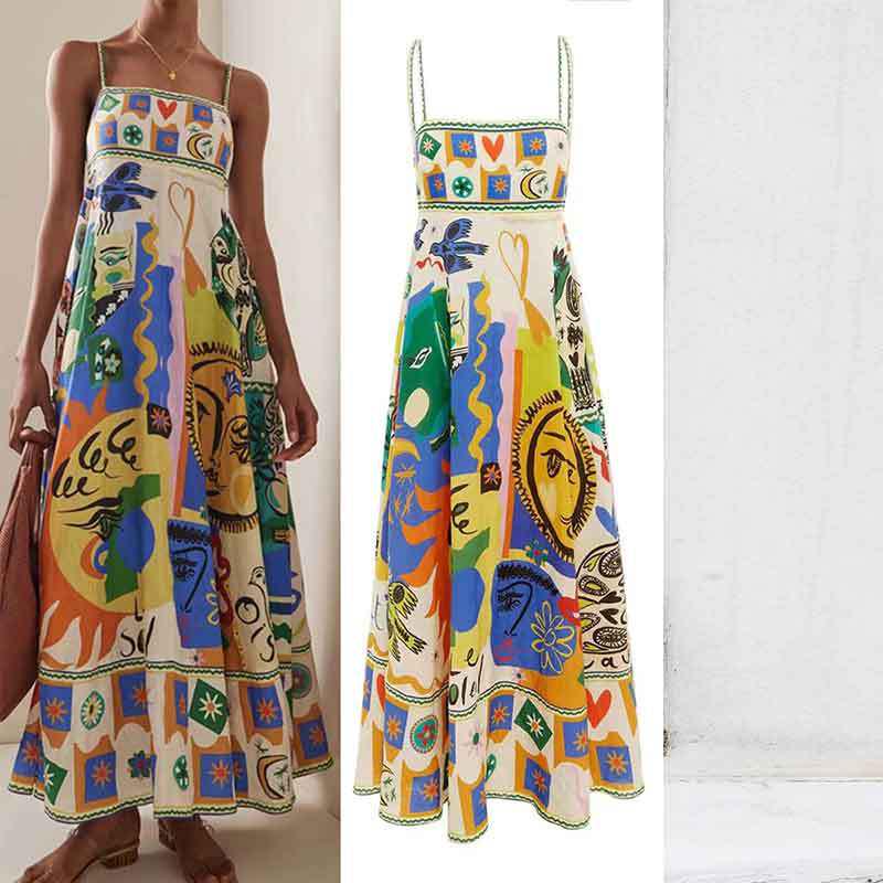 Temperament Fashion European & American Sling Casual Summer Elegant Women's High-Waist Print Dress 2025