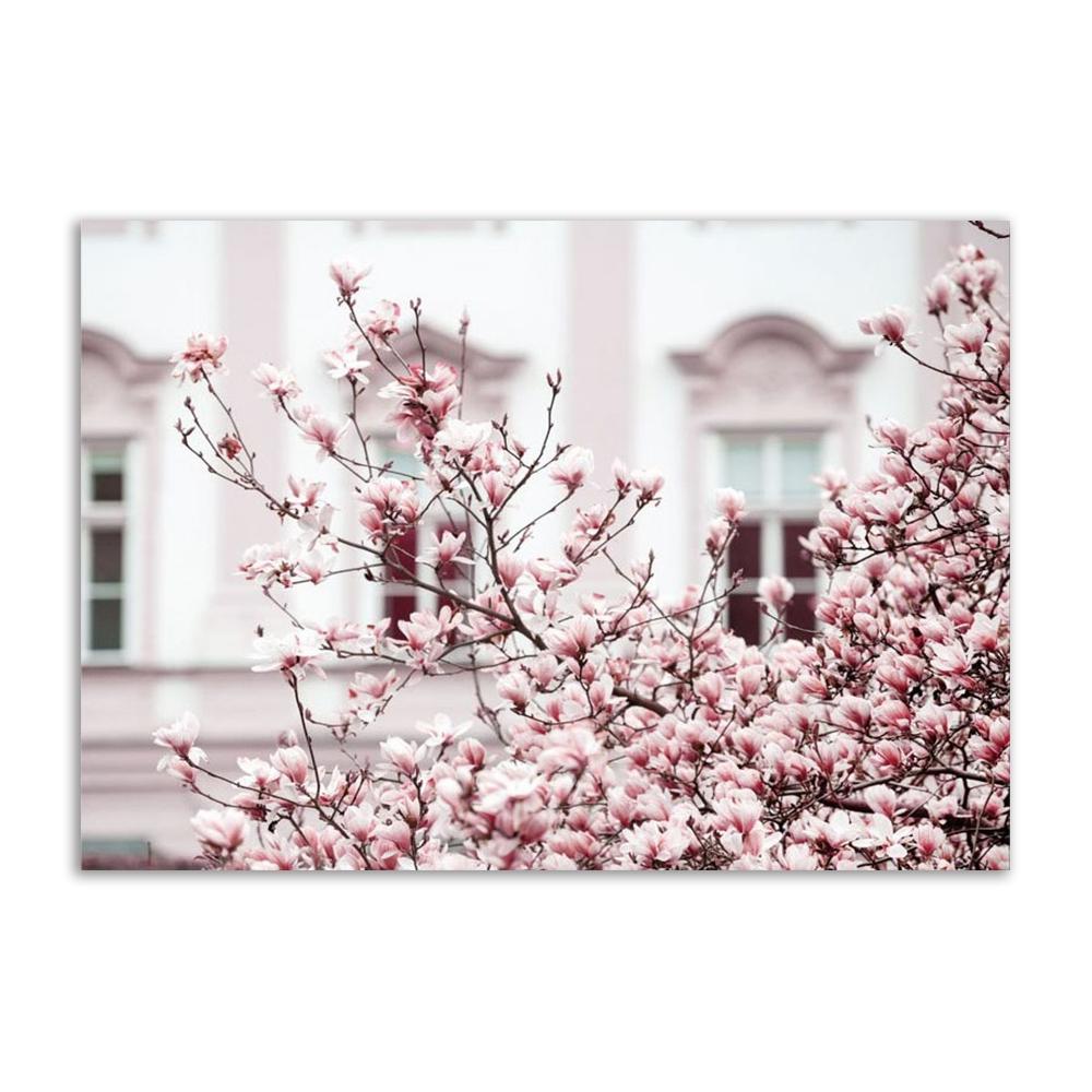 Città moderna Scenario rosa Pittura su tela Wall Art Poster e stampe Fiore di Begonia Retro Car Bike Immagini per la decorazione del soggiorno
