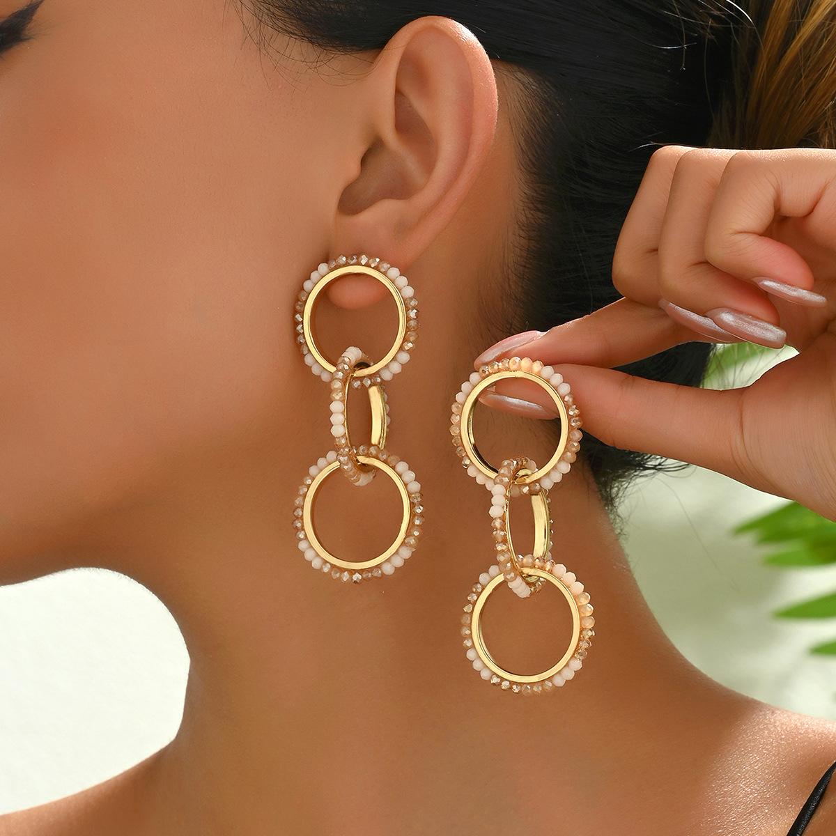 

Fashion Women s Inlaid Crystal Earrings Personalized Geometric Round String Chain Design Earrings Premium Earrings