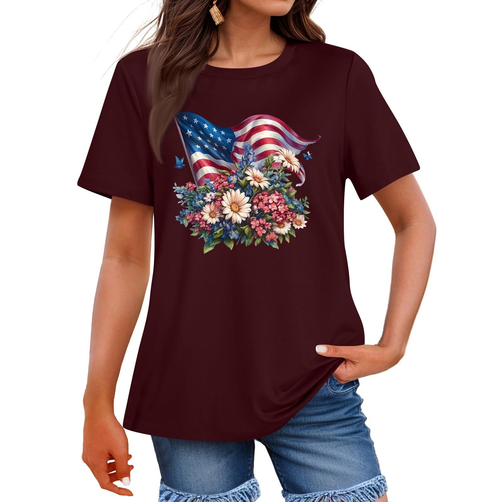 

Women s Fashion Independence Day Printed Round Neck Short Sleeved Casual T-shirt Top XL винный