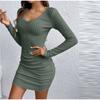 Women's Dresses Autumn Fitting Slim Plain Long Sleeve V-Neck Bodysuit Mini Casual Dresses Sexy Dress for Women