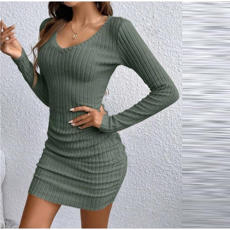 Women's Dresses Autumn Fitting Slim Plain Long Sleeve V-Neck Bodysuit Mini Casual Dresses Sexy Dress for Women
