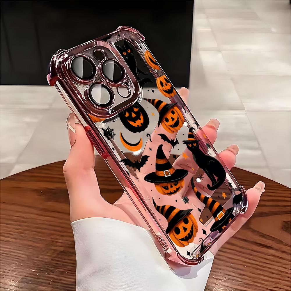 Halloween Black Cat Pumpkin Bat Pattern Phone Case For iPhone 17 16 15 14 13 12 11 Pro Max 15 16 Plus 17Air Airbag Plating Cover