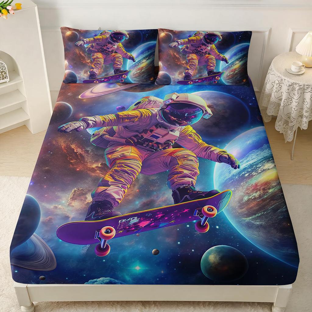 Cat Astronaut Pattern Mattress Three-Piece Digital Printing Mattress Bedding Set Adult Children