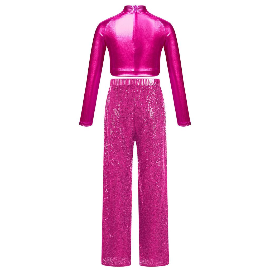 Girls Shiny Sequins Dance Crop Top Mock Neck Long Sleeve High Waist Wide Leg Pants Set